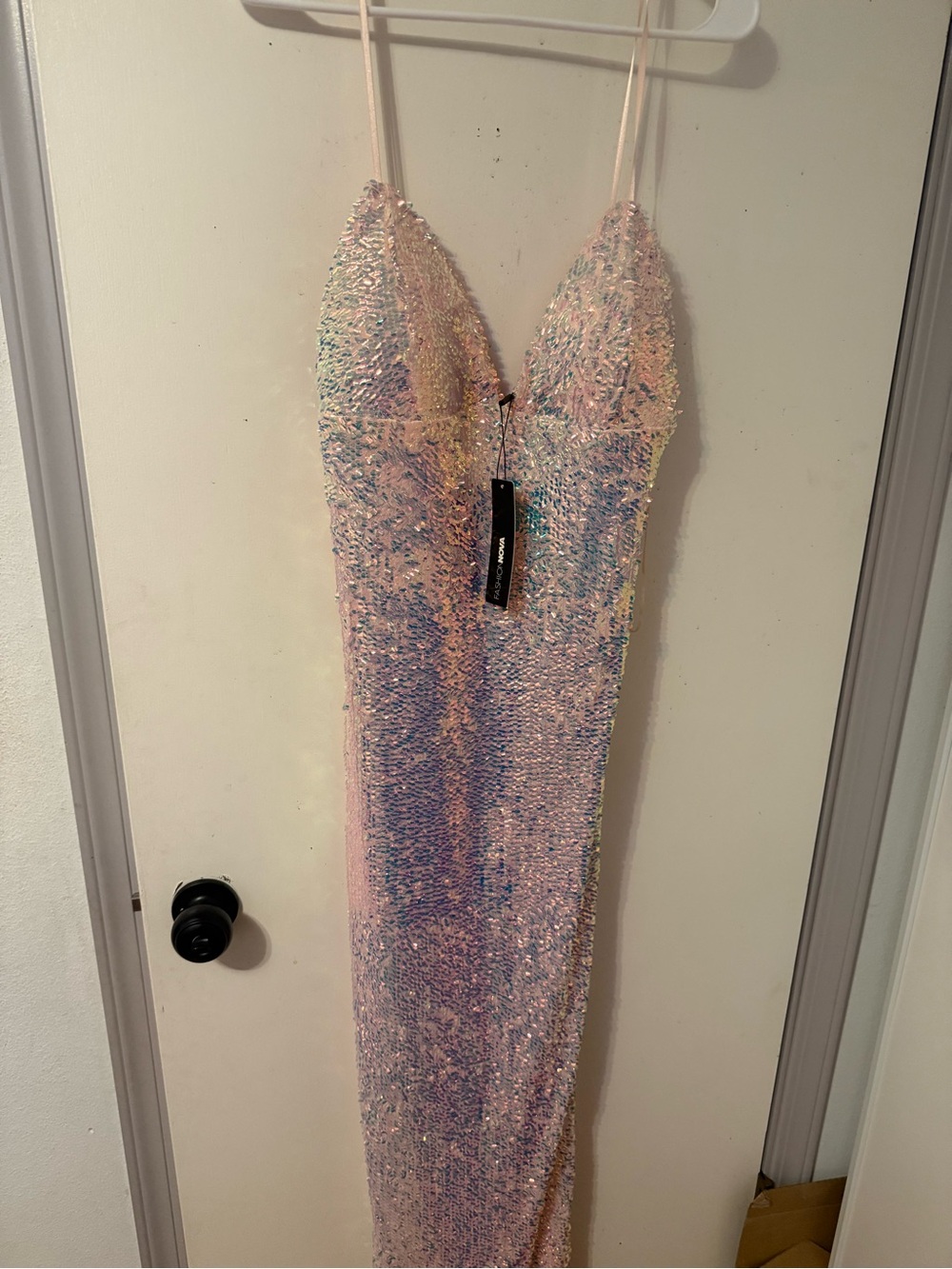 Fashion Nova Iridescent Sequin Slip Dress in Pink and Gold